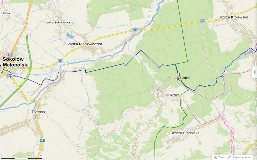 mapa trasy szlakiem niebieskim z Rzeszowa do Leżajska na rowerze, odcinek I do Sokołowa Młp - fot. Lesław Obłój