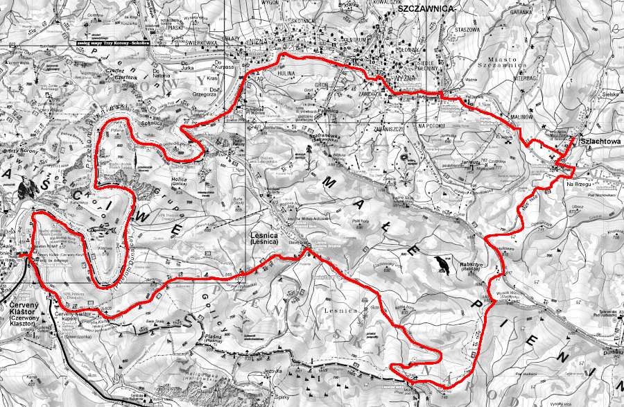 mapa Pienin - Szlachtowa - Czwerwony Klasztor - Limierz - Wysoki Wierch - fot. Lesław Obłój